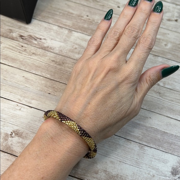 Lily & Laura Nepal Glass Handmade Roll On Gold and Brown Beaded Bracelet - Picture 3 of 6